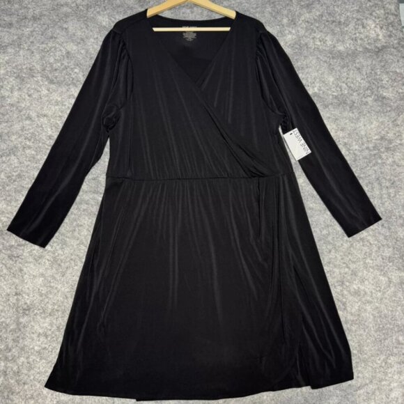 Nine West Black V Neck Long Sleeve Stretch Wrap Dress - Picture 1 of 7
